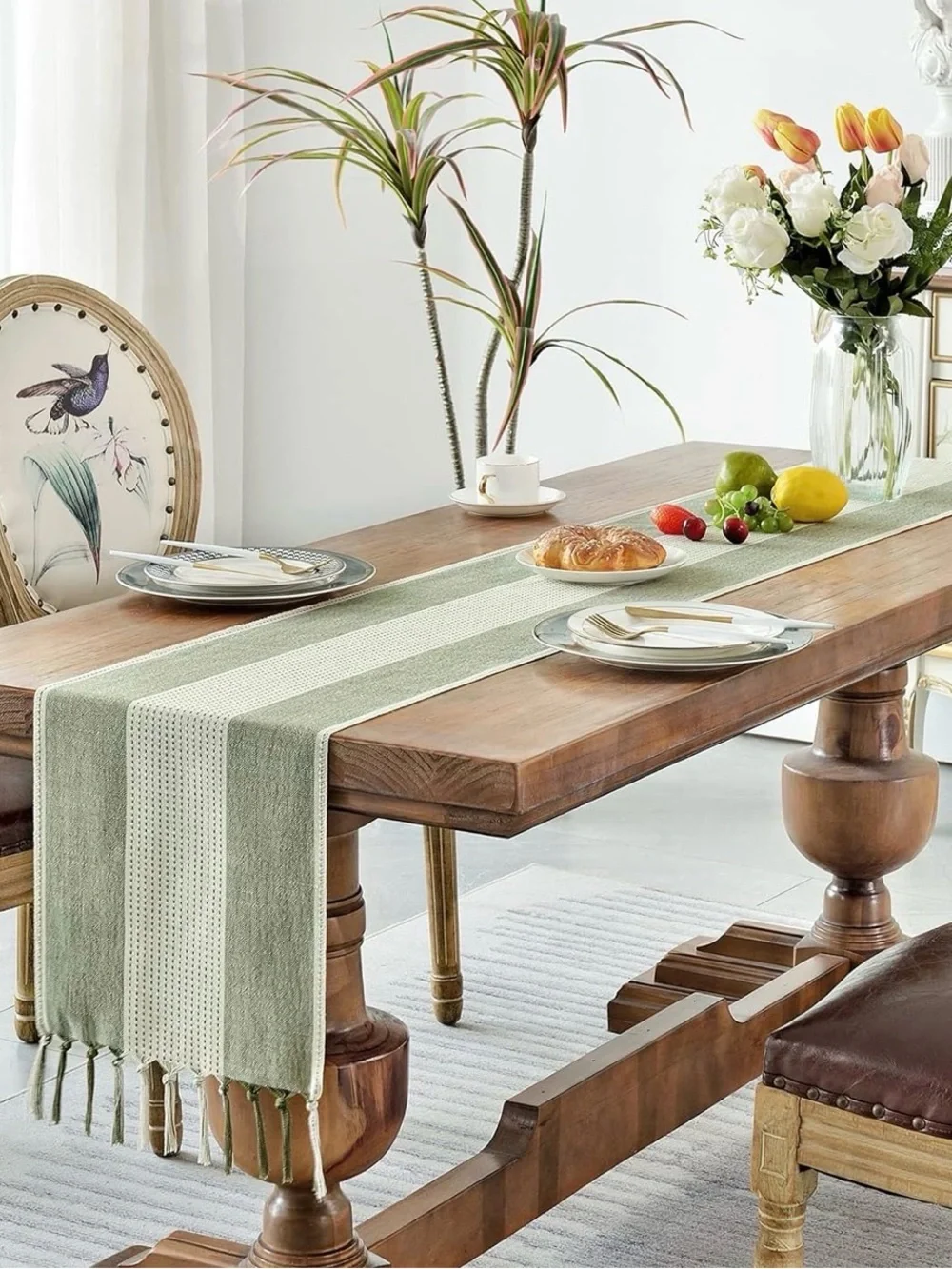 Sage Green & Cream Farmhouse Table Runner 13x72 Cotton Linen Boho